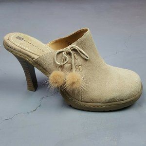 Vtg Y2K Ellemenno Leather High Heel Mules Size 10 Tan Puffy Fur Pom Pom Slip On